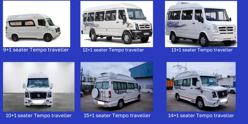 Collage showcasing different tempo travellers for rent in Bangalore. Top left: Spacious 12-seater tempo traveller with AC. Top right: Luxurious 16-seater tempo traveller with luggage space. Bottom left: Budget-friendly 9-seater tempo traveller. Bottom right: Tempo traveller with entertainment system for fun rides.